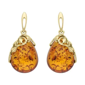 9ct Yellow Gold Amber Pear Leaf Top Drop Earrings D