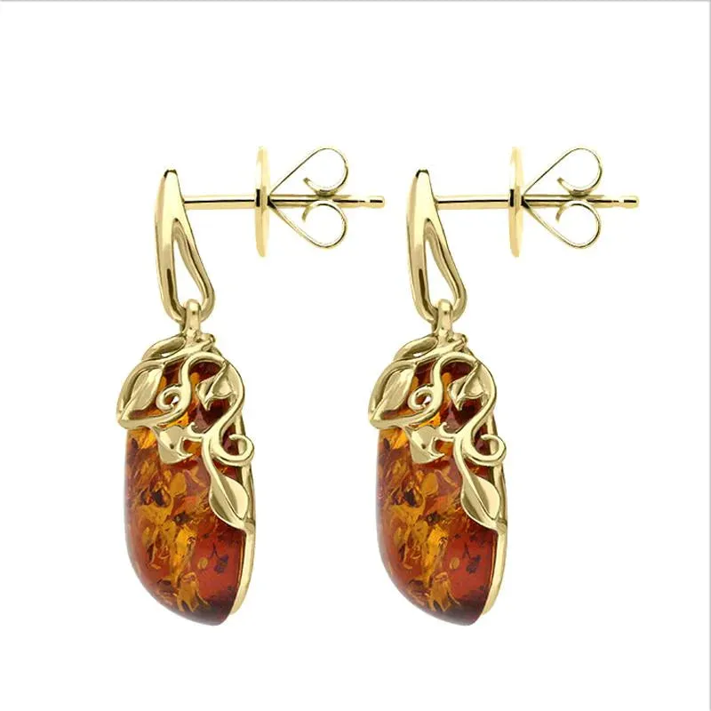 9ct Yellow Gold Amber Pear Leaf Top Drop Earrings D