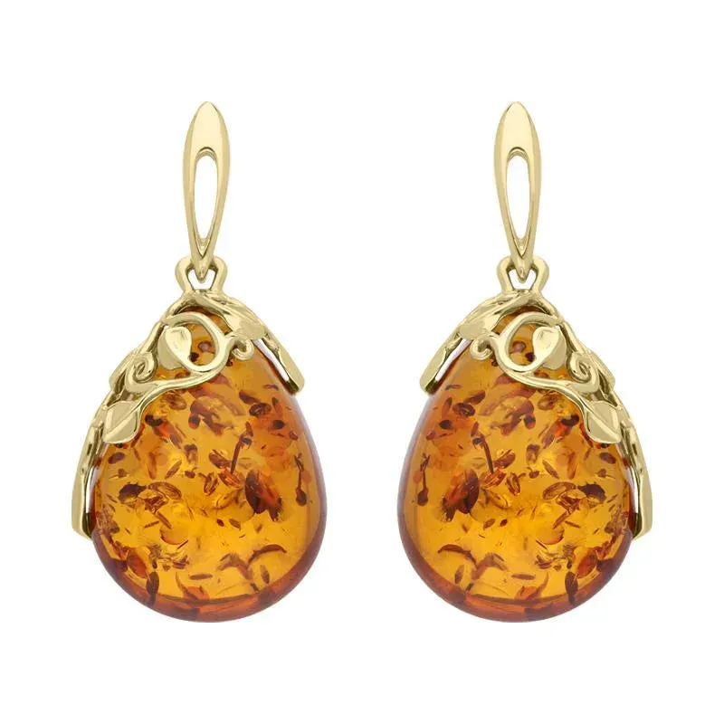 9ct Yellow Gold Amber Pear Leaf Top Drop Earrings D