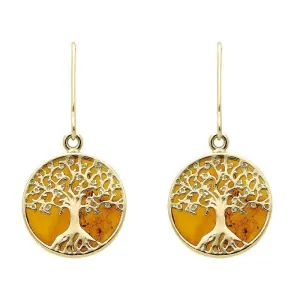 9ct Yellow Gold Amber Round Tree Drop Earrings