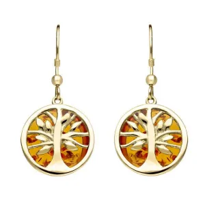 9ct Yellow Gold Amber Round Tree Drop Earrings