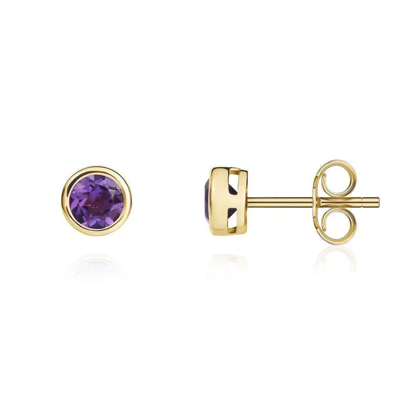 9ct Yellow Gold Amethyst 4mm Round Rub Over Set Stud Earrings