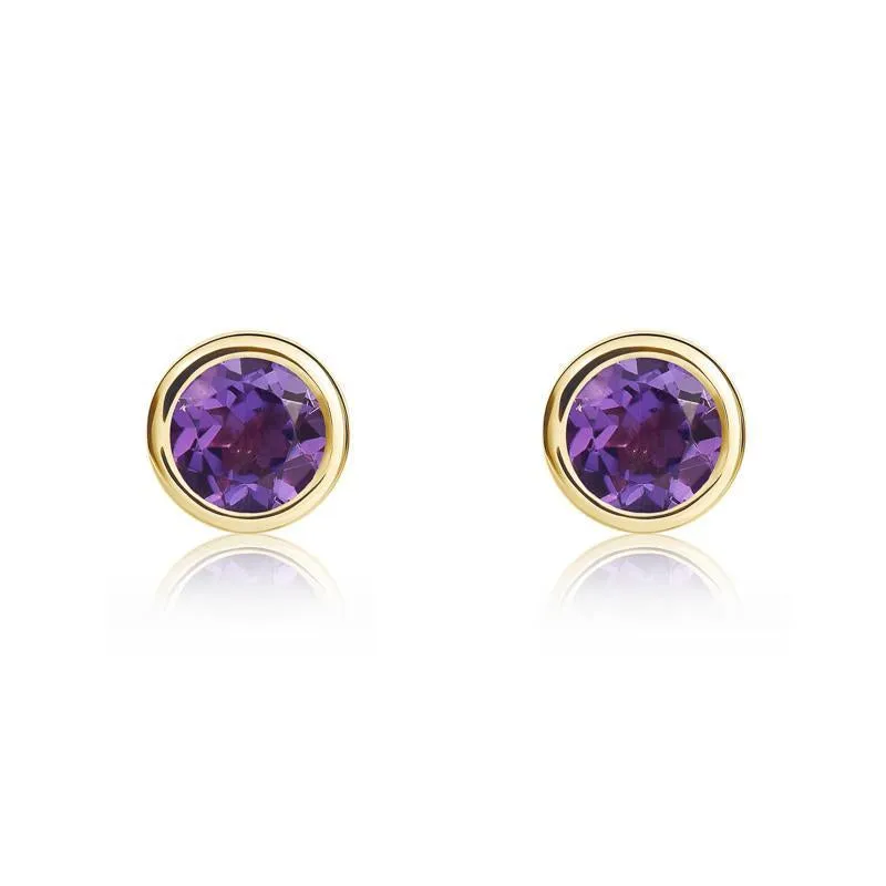 9ct Yellow Gold Amethyst 4mm Round Rub Over Set Stud Earrings