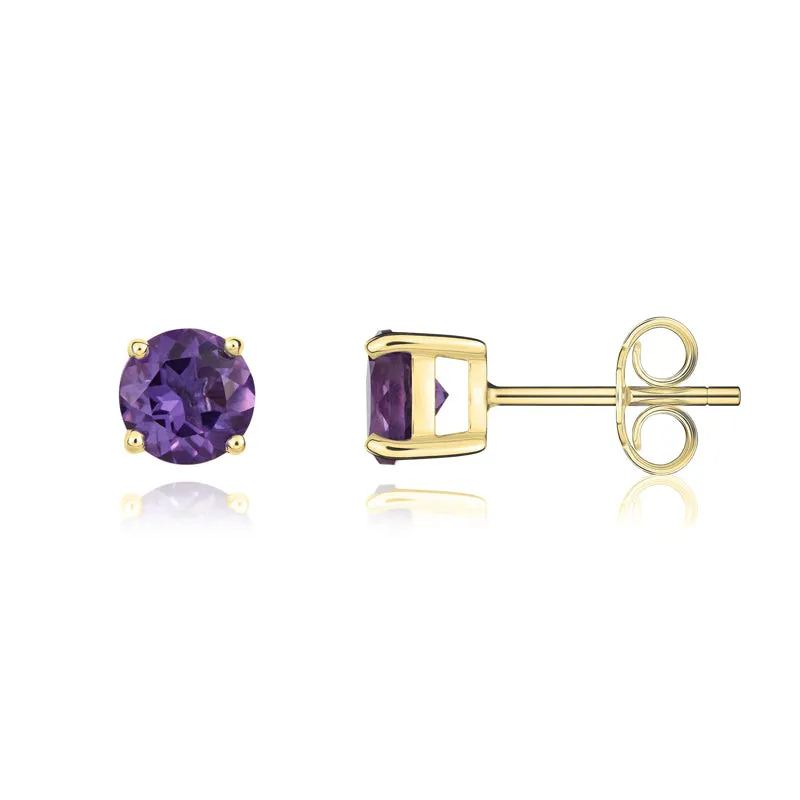 9ct Yellow Gold Amethyst 5mm Round Claw Set Stud Earrings