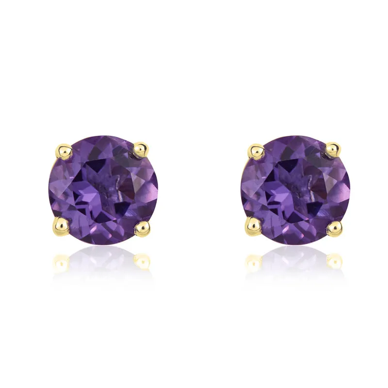 9ct Yellow Gold Amethyst 5mm Round Claw Set Stud Earrings