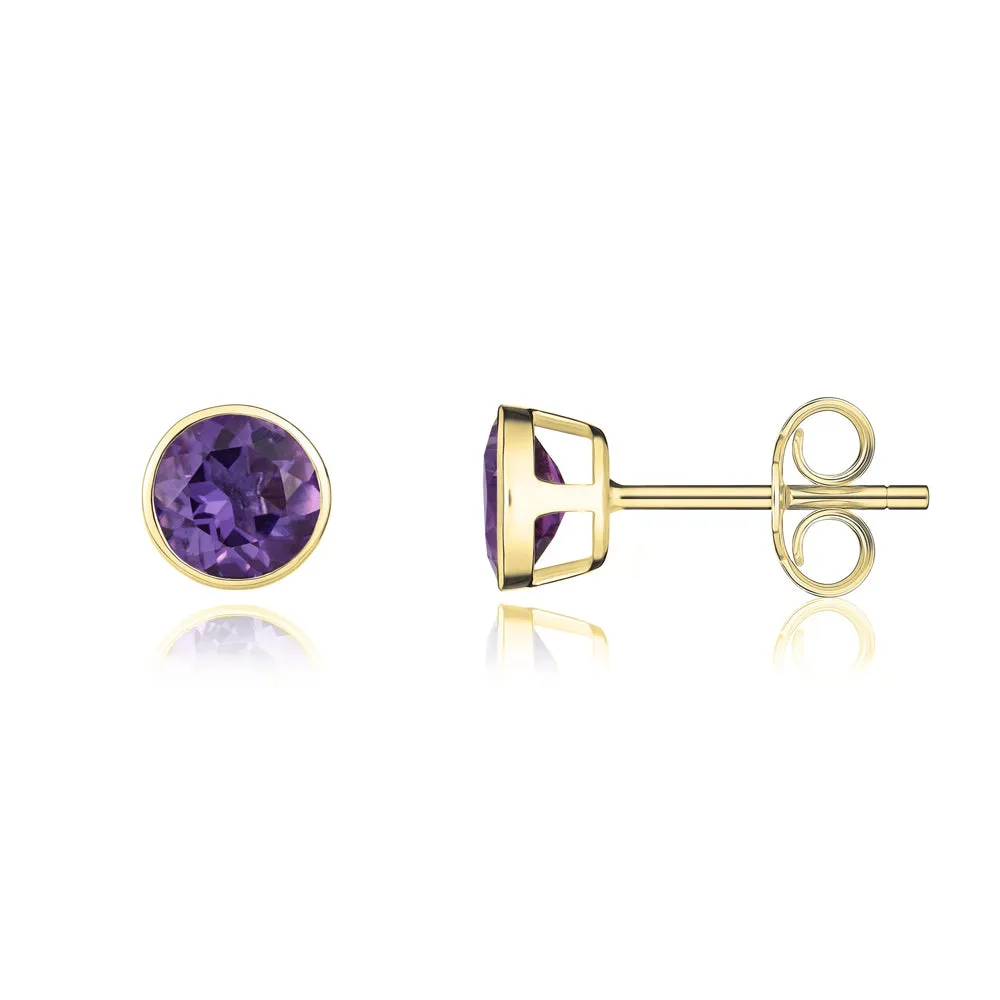 9ct Yellow Gold Amethyst 5mm Round Rub Over Set Stud Earrings