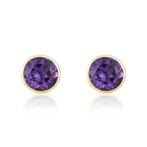 9ct Yellow Gold Amethyst 5mm Round Rub Over Set Stud Earrings