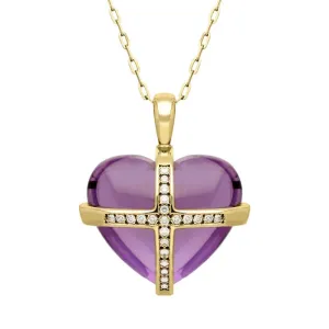 9ct Yellow Gold Amethyst Diamond Large Cross Heart Necklace