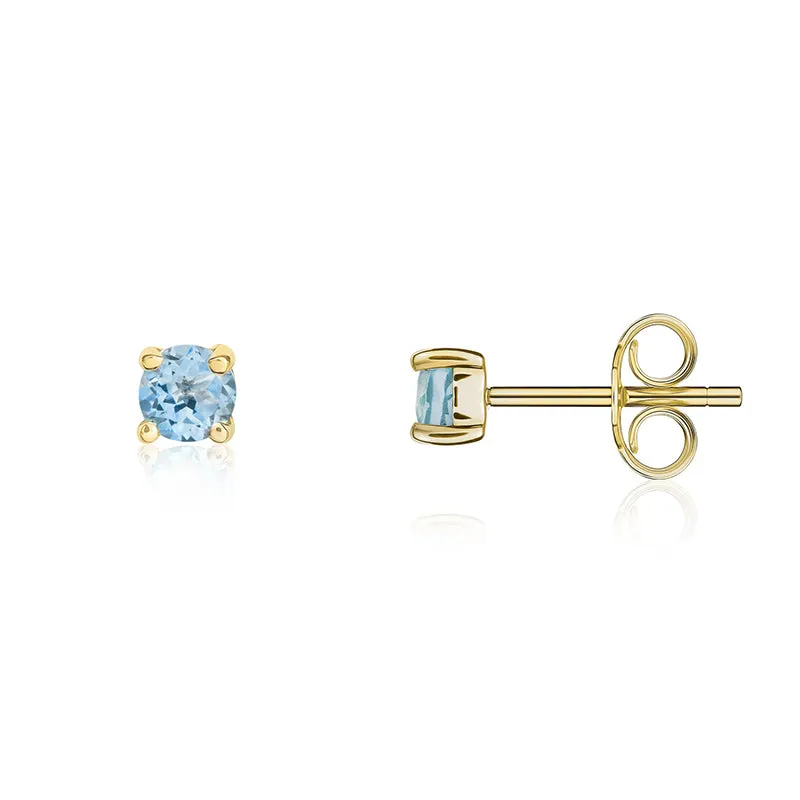 9ct Yellow Gold Aquamarine 3mm Round Claw Set Stud Earrings