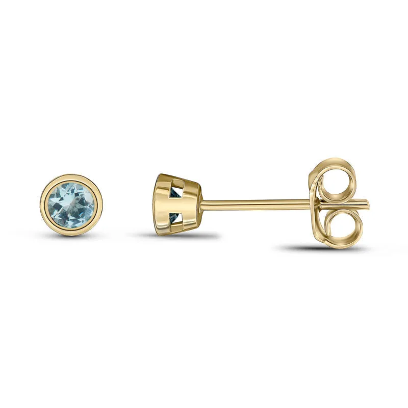 9ct Yellow Gold Aquamarine 3mm Round Rub Over Set Stud Earrings