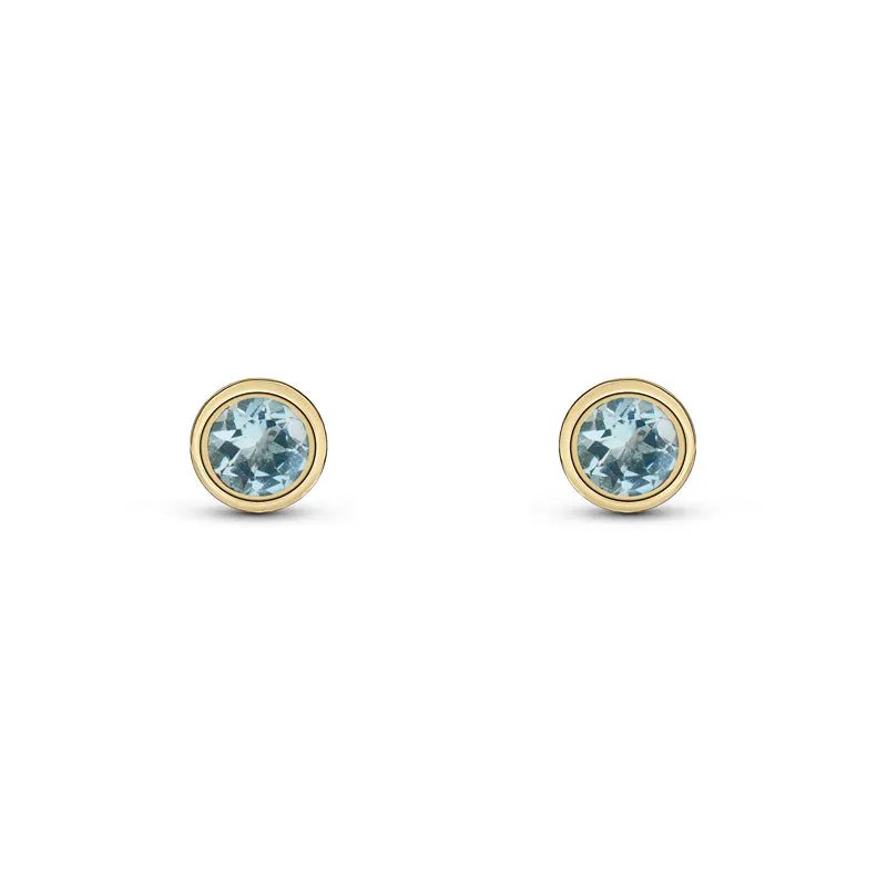 9ct Yellow Gold Aquamarine 3mm Round Rub Over Set Stud Earrings