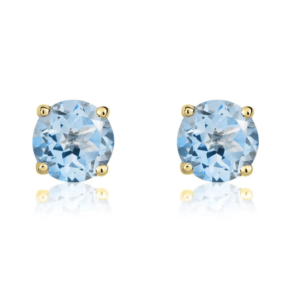 9ct Yellow Gold Aquamarine 5mm Round Claw Set Stud Earrings
