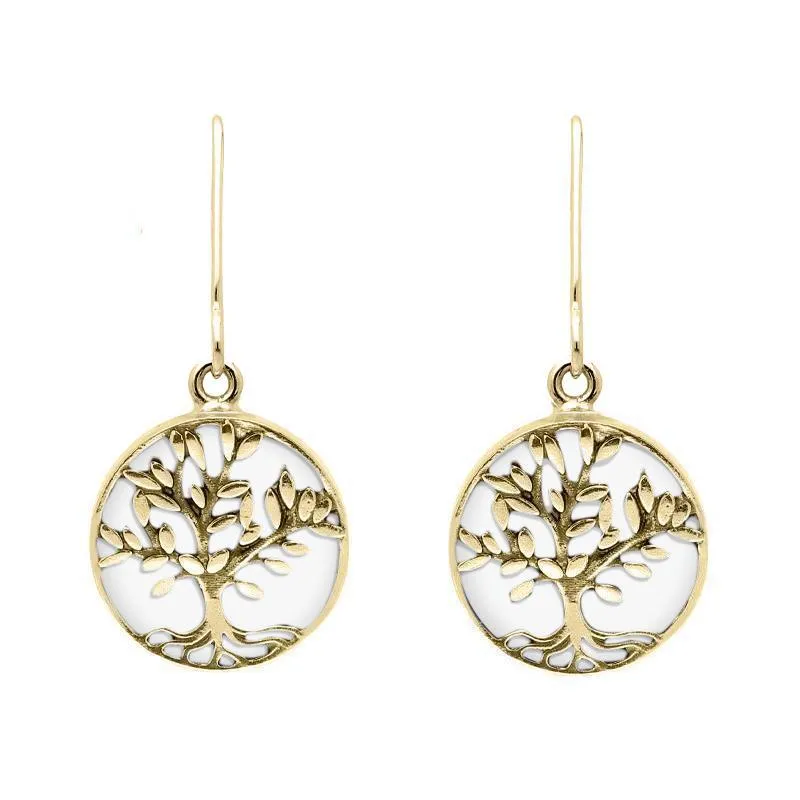 9ct Yellow Gold Bauxite Round Large Tree of Life Leaves Drop Earrings