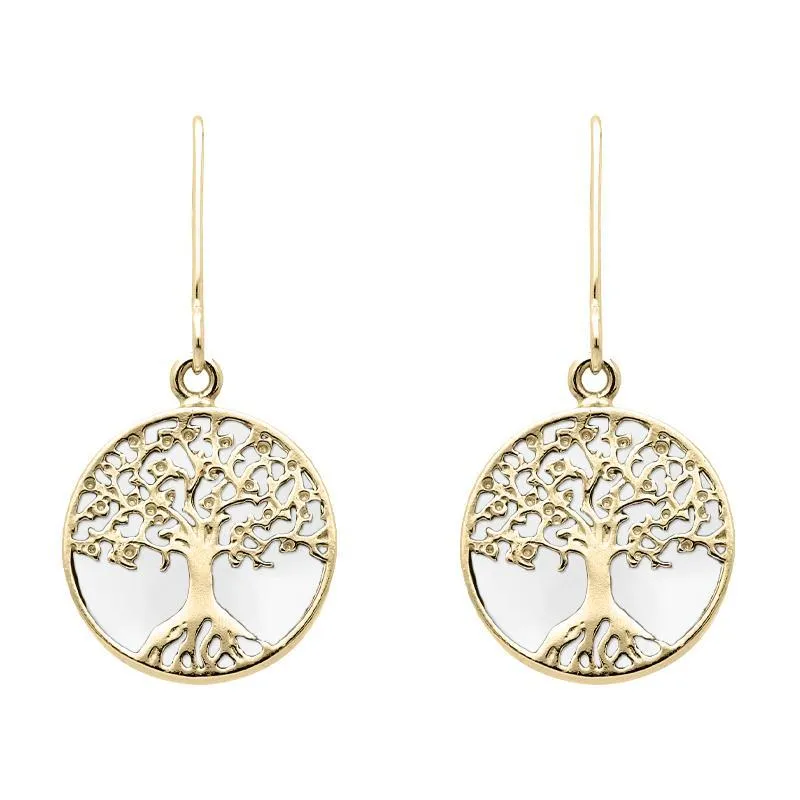 9ct Yellow Gold Bauxite Round Tree of Life Drop Earrings