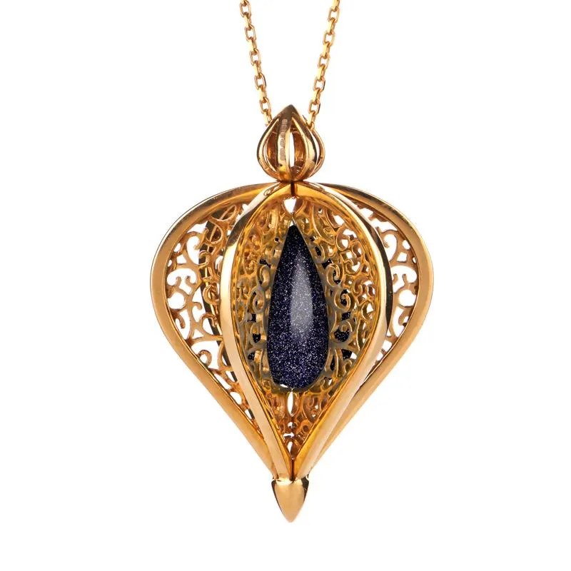 9ct Yellow Gold Blue Goldstone Flore Filigree Droplet Necklace