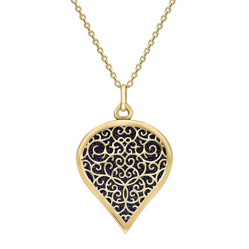9ct Yellow Gold Blue Goldstone Flore Filigree Large Heart Necklace