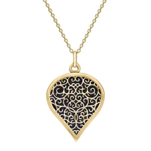 9ct Yellow Gold Blue Goldstone Flore Filigree Large Heart Necklace