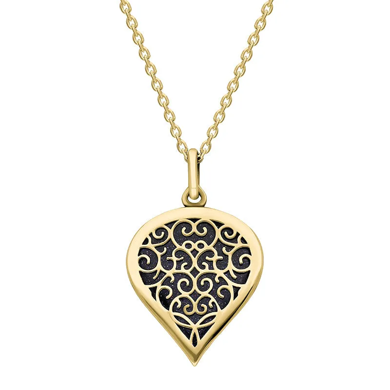 9ct Yellow Gold Blue Goldstone Flore Filigree Medium Heart Necklace