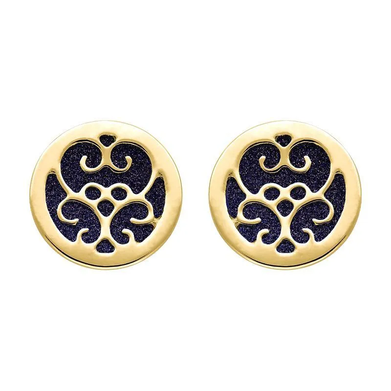 9ct Yellow Gold Blue Goldstone Flore Filigree Stud Earrings