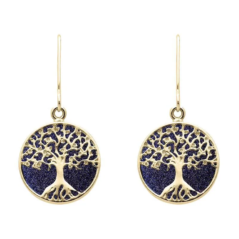 9ct Yellow Gold Blue Goldstone Round Tree of Life Drop Earrings