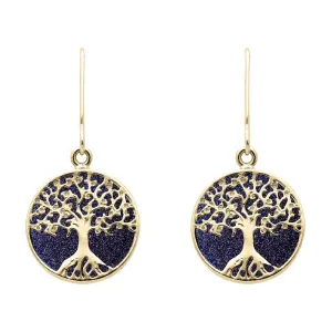 9ct Yellow Gold Blue Goldstone Round Tree of Life Drop Earrings