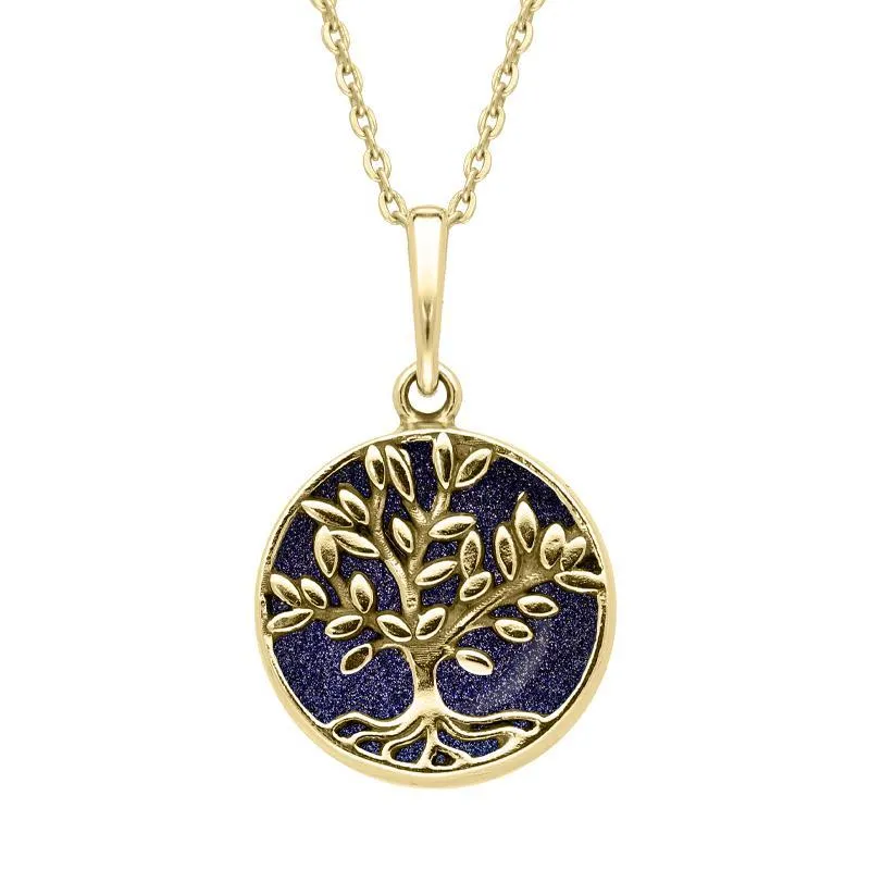 9ct Yellow Gold Blue Goldstone Small Round Large Leaves Tree of Life Necklace
