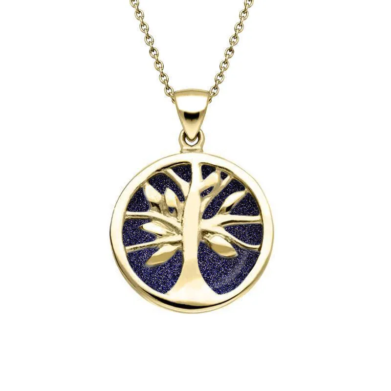 9ct Yellow Gold Blue Goldstone Small Round Tree of Life Necklace