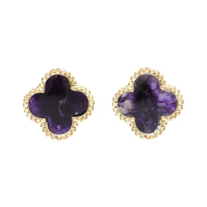 9ct Yellow Gold Blue John Bloom Four Leaf Clover Ball Edge Stud Earrings