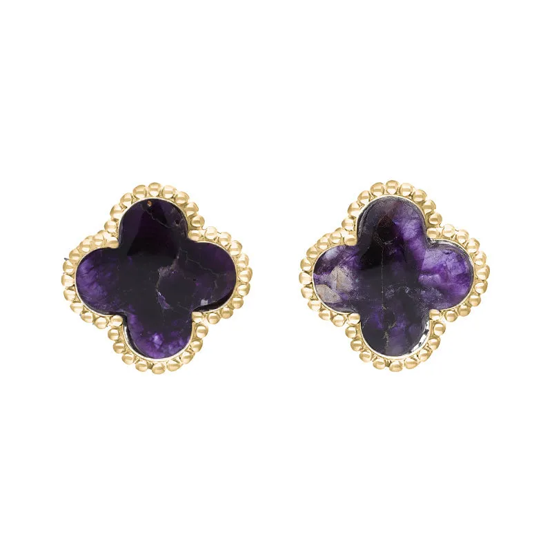 9ct Yellow Gold Blue John Bloom Four Leaf Clover Ball Edge Stud Earrings