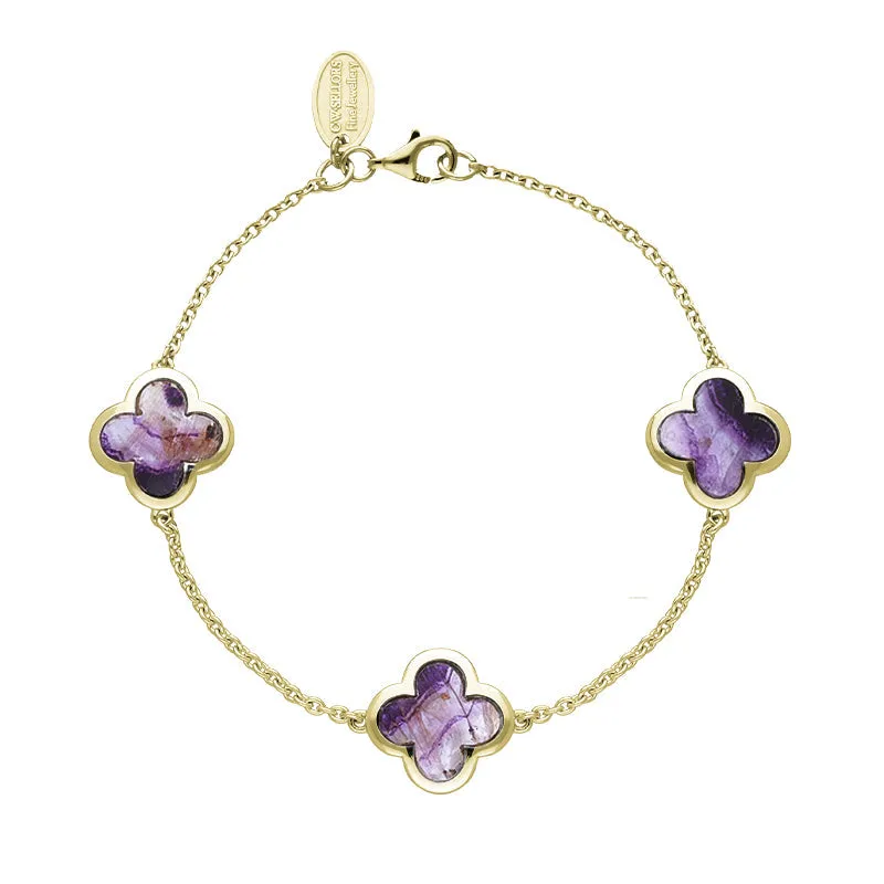9ct Yellow Gold Blue John  Bloom Four Leaf Clover Chain Bracelet