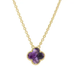 9ct Yellow Gold Blue John Bloom Small Four Leaf Clover Ball Edge Chain Necklet