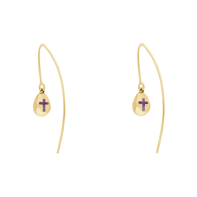 9ct Yellow Gold Blue John Cross Disc Drop Earrings