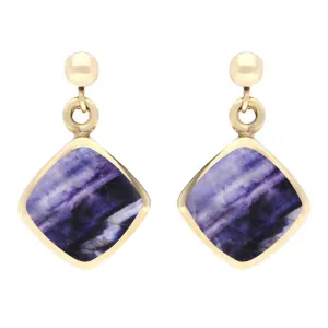 9ct Yellow Gold Blue John Cushion Drop Earrings