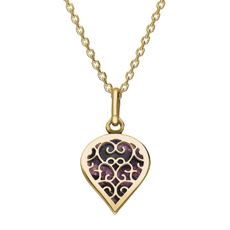 9ct Yellow Gold Blue John Flore Filigree Small Heart Necklace