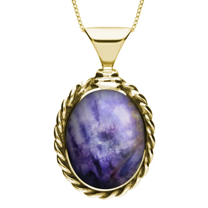9ct Yellow Gold Blue John Large Oval Rope Edge Necklace