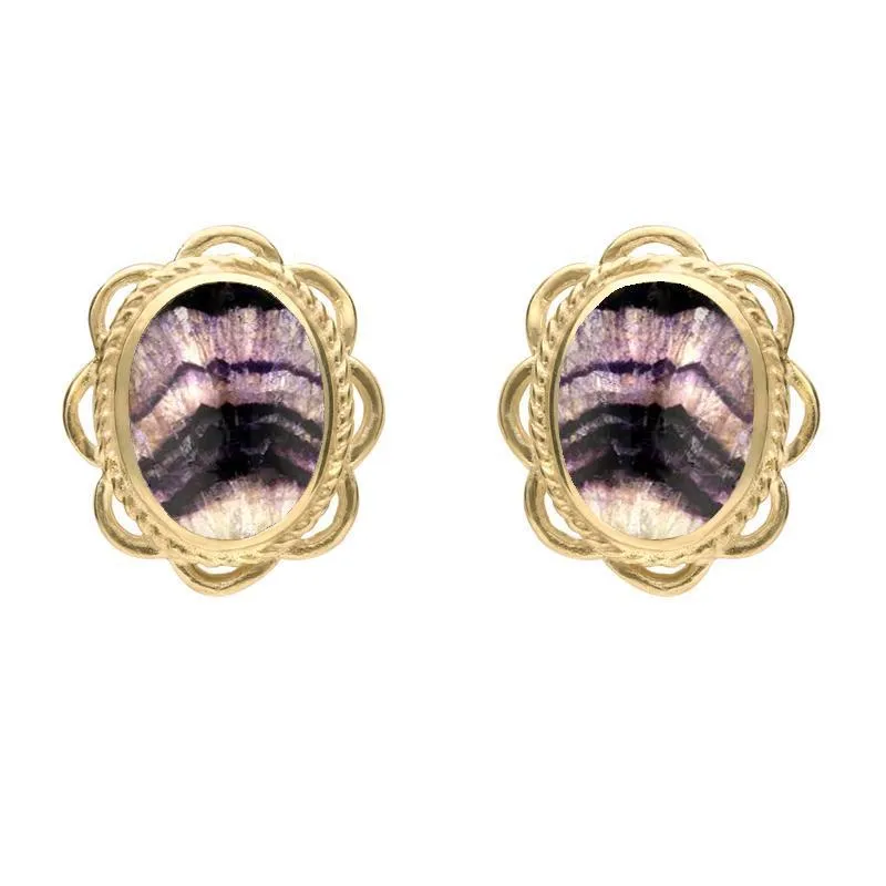 9ct Yellow Gold Blue John Large Rope Oval Frill Stud Earrings