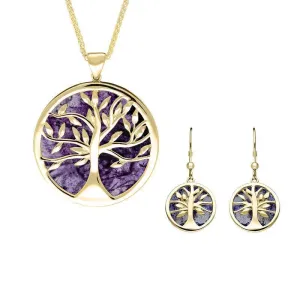 9ct Yellow Gold Blue John Large Round Tree of Life Two Piece Set