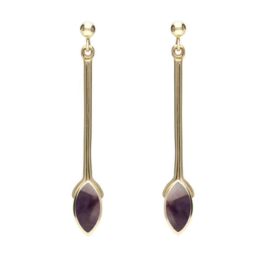 9ct Yellow Gold Blue John Marquise Long Drop Earrings
