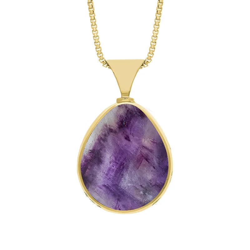 9ct Yellow Gold Blue John Mother of Pearl King's Coronation Hallmark Double Sided Pear-shaped Necklace D