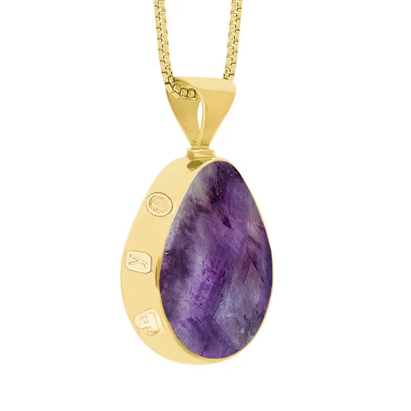 9ct Yellow Gold Blue John Mother of Pearl King's Coronation Hallmark Double Sided Pear-shaped Necklace D