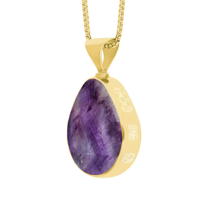 9ct Yellow Gold Blue John Mother of Pearl King's Coronation Hallmark Double Sided Pear-shaped Necklace D
