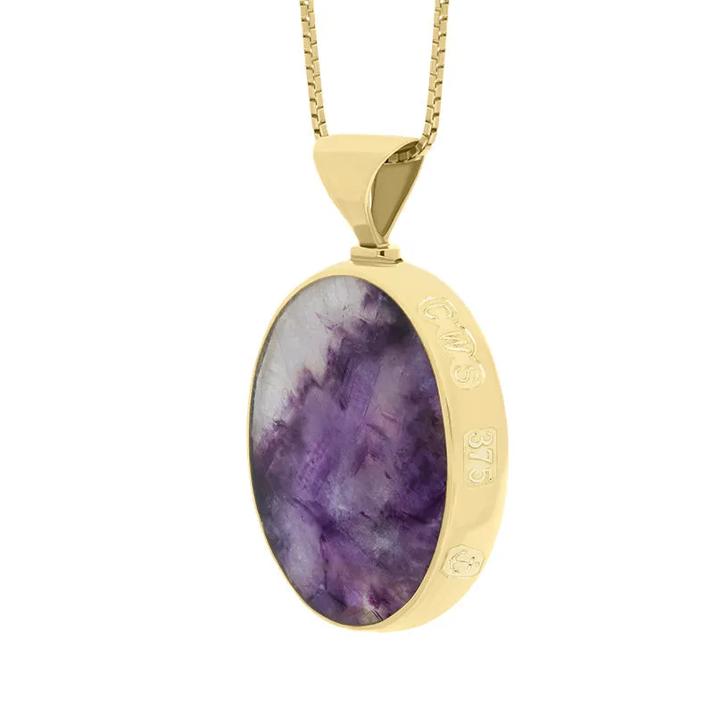9ct Yellow Gold Blue John Mother of Pearl Queens Jubilee Hallmark Double Sided Oval Necklace D