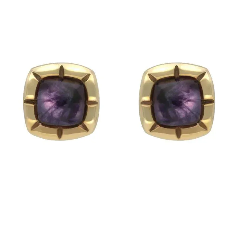 9ct Yellow Gold Blue John Ridged Cushion Stud Earrings