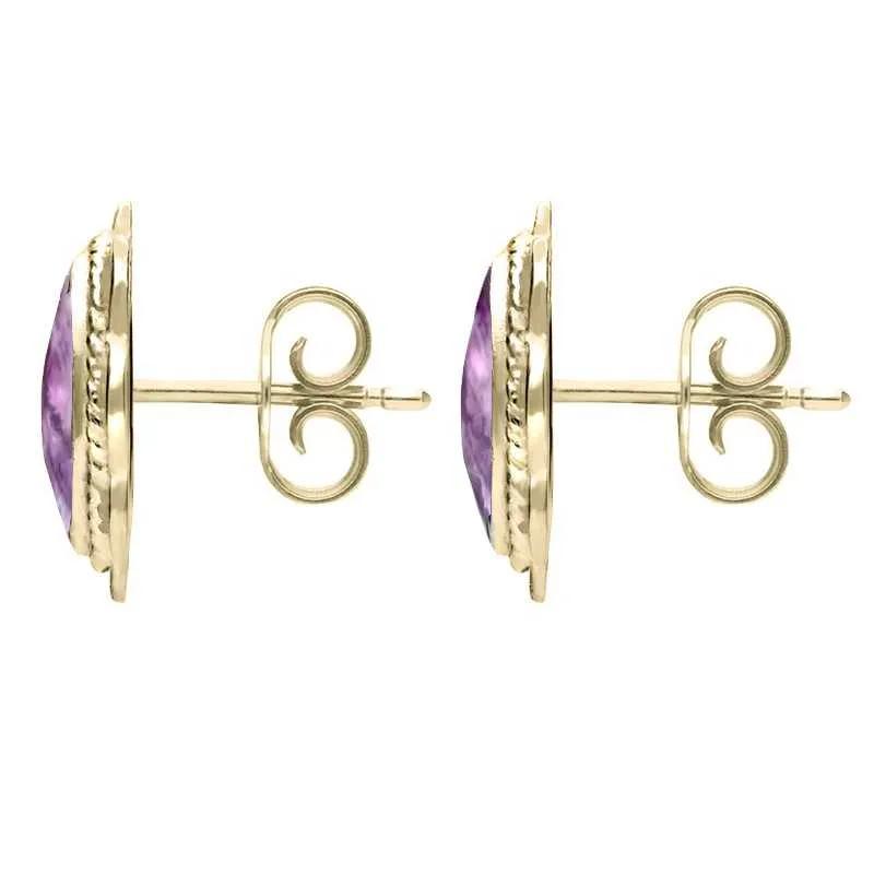 9ct Yellow Gold Blue John Rope Frill Edge Oval Stud Earrings