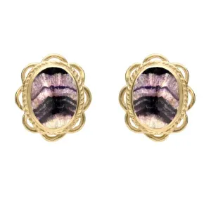 9ct Yellow Gold Blue John Rope Frill Edge Oval Stud Earrings
