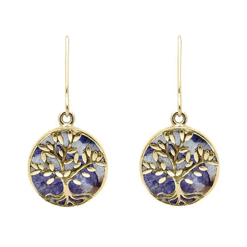9ct Yellow Gold Blue John Round Large Tree of Life Leaves Drop Earrings