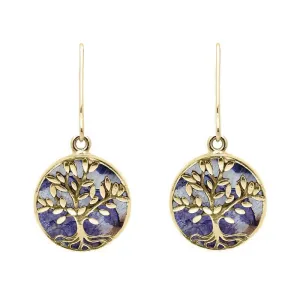 9ct Yellow Gold Blue John Round Large Tree of Life Leaves Drop Earrings