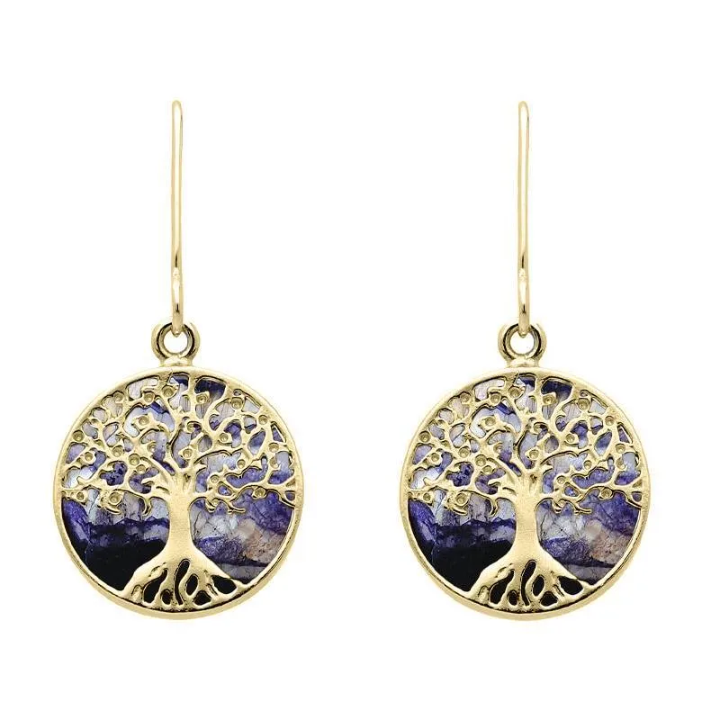 9ct Yellow Gold Blue John Round Tree Drop Earrings