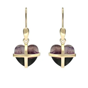 9ct Yellow Gold Blue John Small Cross Heart Drop Earrings