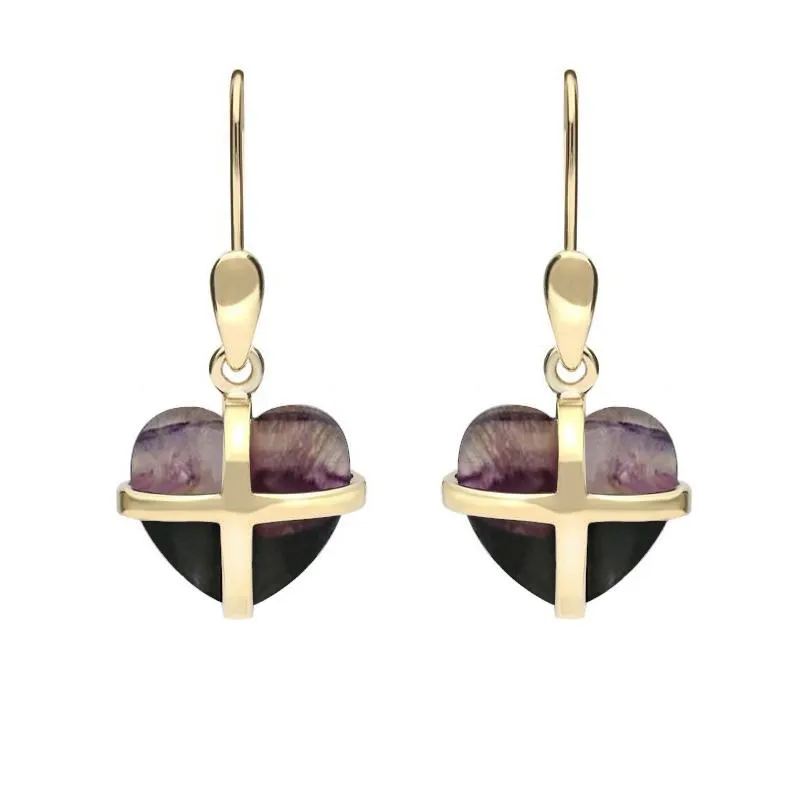 9ct Yellow Gold Blue John Small Cross Heart Drop Earrings